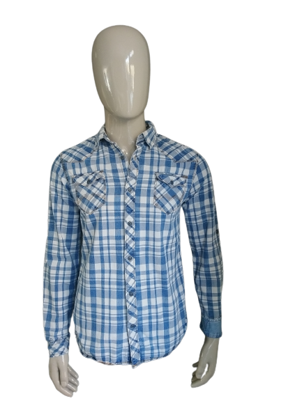 Camisa de Mills Brothers. Blanco azul a cuadros. Talla L.