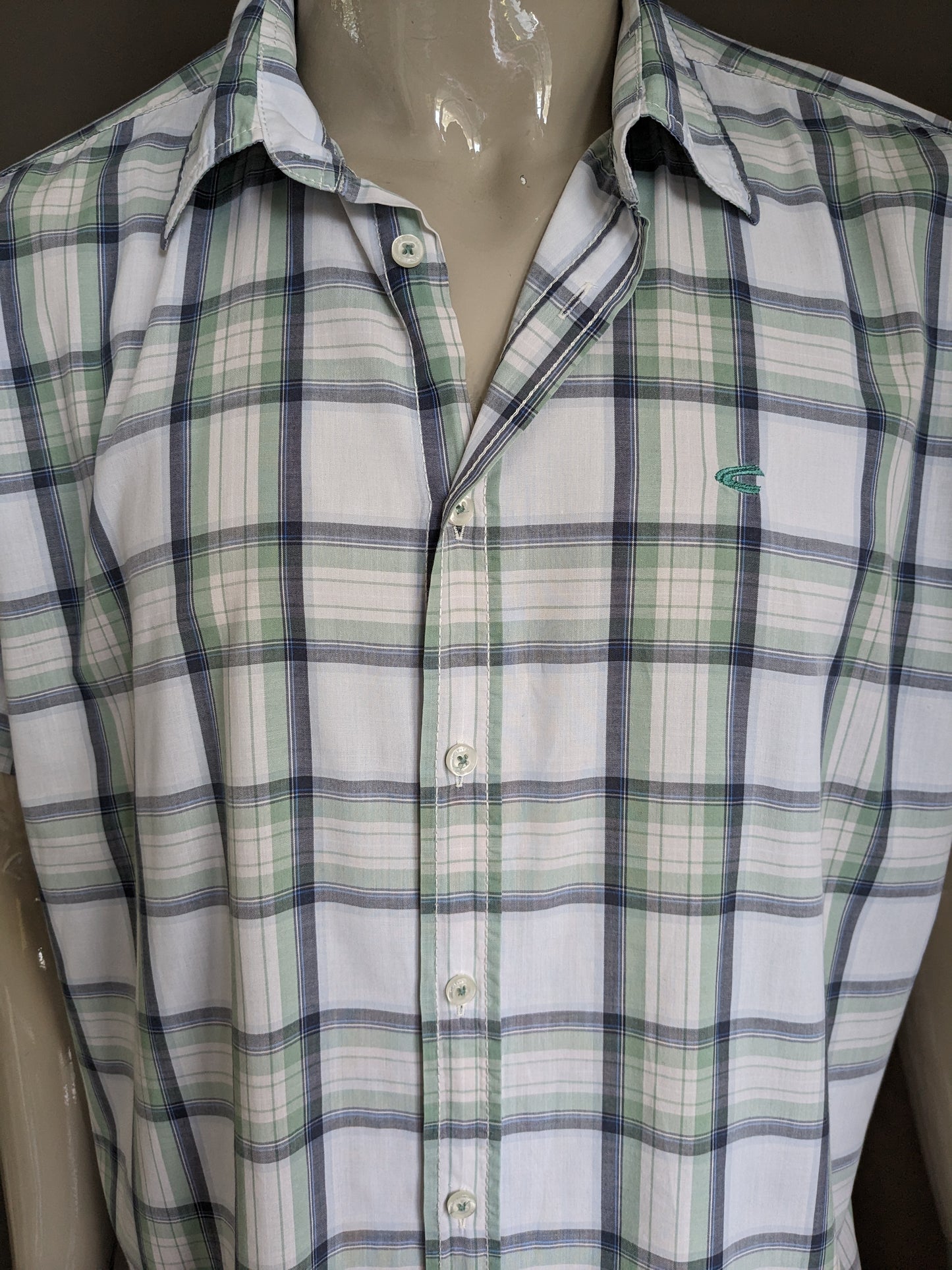 Camel Active Shirt short sleeve. Green blue white black checked. Size XL. / 2XL. Modern fit.