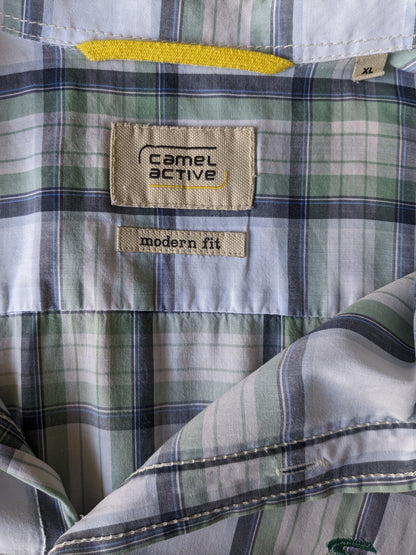 Camel Active Shirt short sleeve. Green blue white black checked. Size XL. / 2XL. Modern fit.