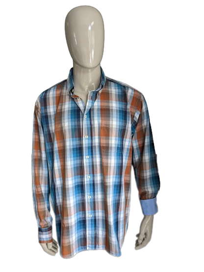 Today's Man overhemd. Blauw Bruin Oranje geblokt. Maat XXL / 2XL. Regular Fit.