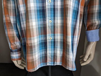 Today's Man overhemd. Blauw Bruin Oranje geblokt. Maat XXL / 2XL. Regular Fit.