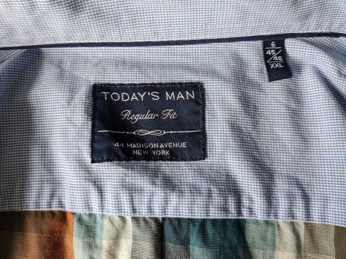 Today's Man overhemd. Blauw Bruin Oranje geblokt. Maat XXL / 2XL. Regular Fit.