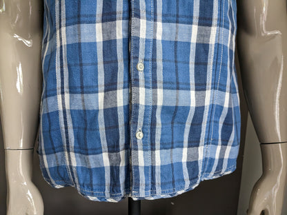 Soho shirt short sleeve with hood. Blue black and white checkered. Size M.