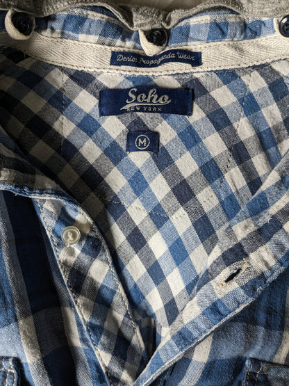 Soho shirt short sleeve with hood. Blue black and white checkered. Size M.