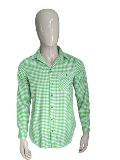 Trachtengaudi by Gino Ginero overhemd. Groen Wit geblokt. Maat S. Slim Fit.