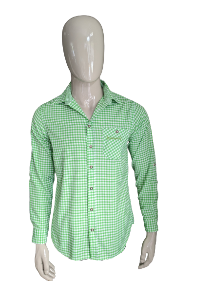 Trachtengaudi by Gino Ginero overhemd. Groen Wit geblokt. Maat S. Slim Fit.