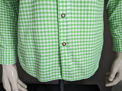 Trachtengaudi by Gino Ginero overhemd. Groen Wit geblokt. Maat S. Slim Fit.