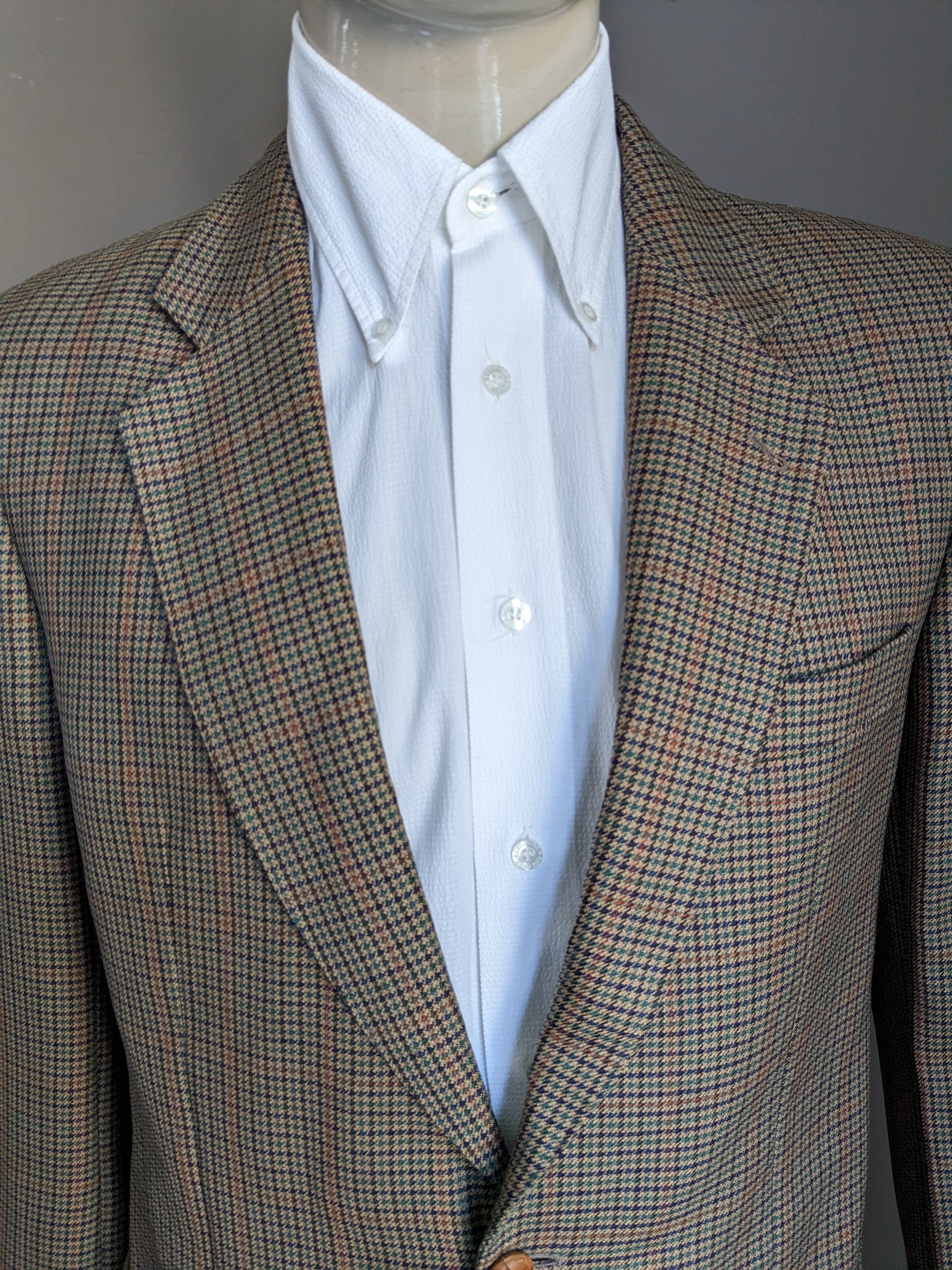 John G Hardy woolen jacket. Brown motif with blue green orange stripe. Size 52 L