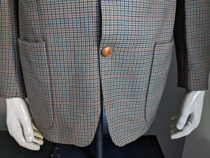 Veste en laine John G Hardy. Motif brun avec bande orange vert bleu. Taille 52 / L.