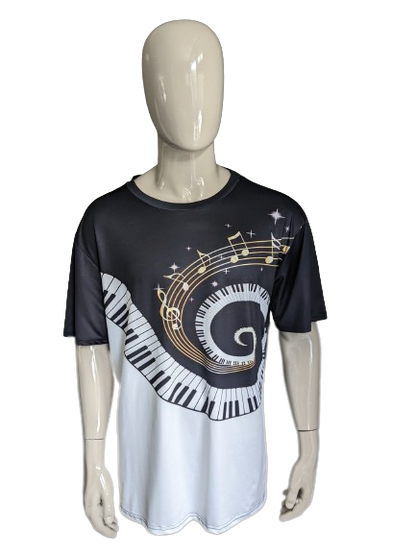 Piano Music print shirt. Zwart Wit gekleurd. Maat XXL / 2XL. stretch.