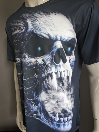 Smoke Skull print shirt. Zwart Wit gekleurd. Maat L. stretch.