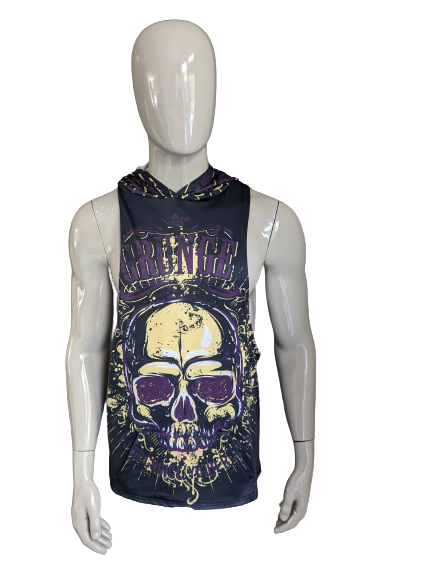 Grunge skull singlet with hood. Purple yellow black colored. Size M / L.