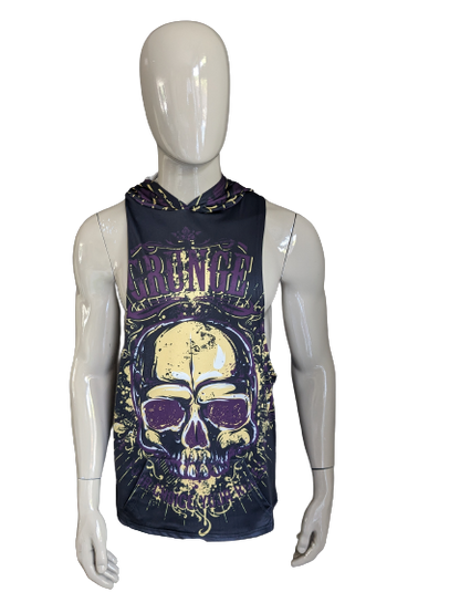 Grunge skull singlet with hood. Purple yellow black colored. Size M / L.