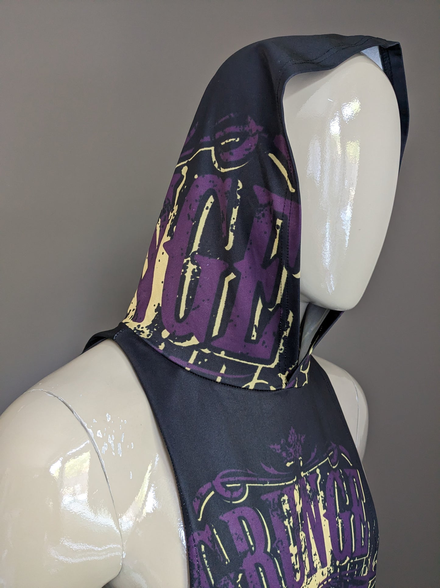 Grunge skull singlet with hood. Purple yellow black colored. Size M / L.