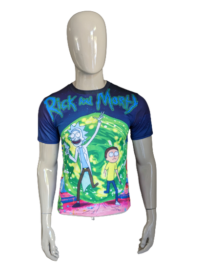 Rick y Morty Shirt. Impresión verde azul. Tamaño M. estiramiento.