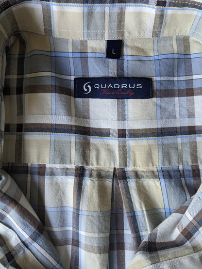 Quadrus overhemd korte mouw. Geel Bruin Blauw geruit. Maat L / XL.