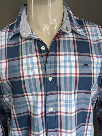 Camicia di denim Hilfiger. Rosso bianco blu controllato. Taglia XL.