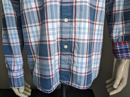 Camicia di denim Hilfiger. Rosso bianco blu controllato. Taglia XL.