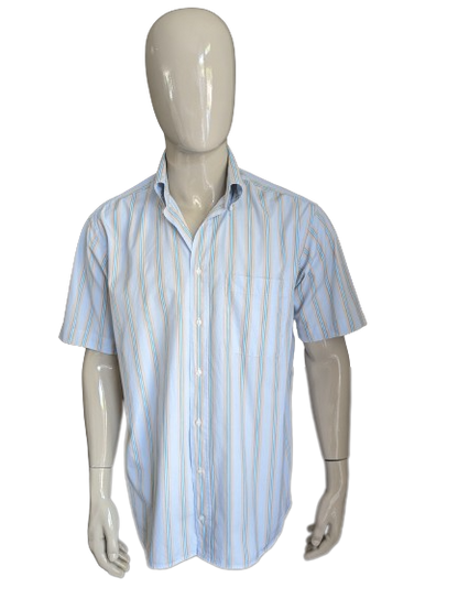 Adam Friday shirt short sleeve. Blue brown white striped. Size XL.