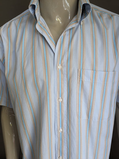 Adam Friday shirt short sleeve. Blue brown white striped. Size XL.