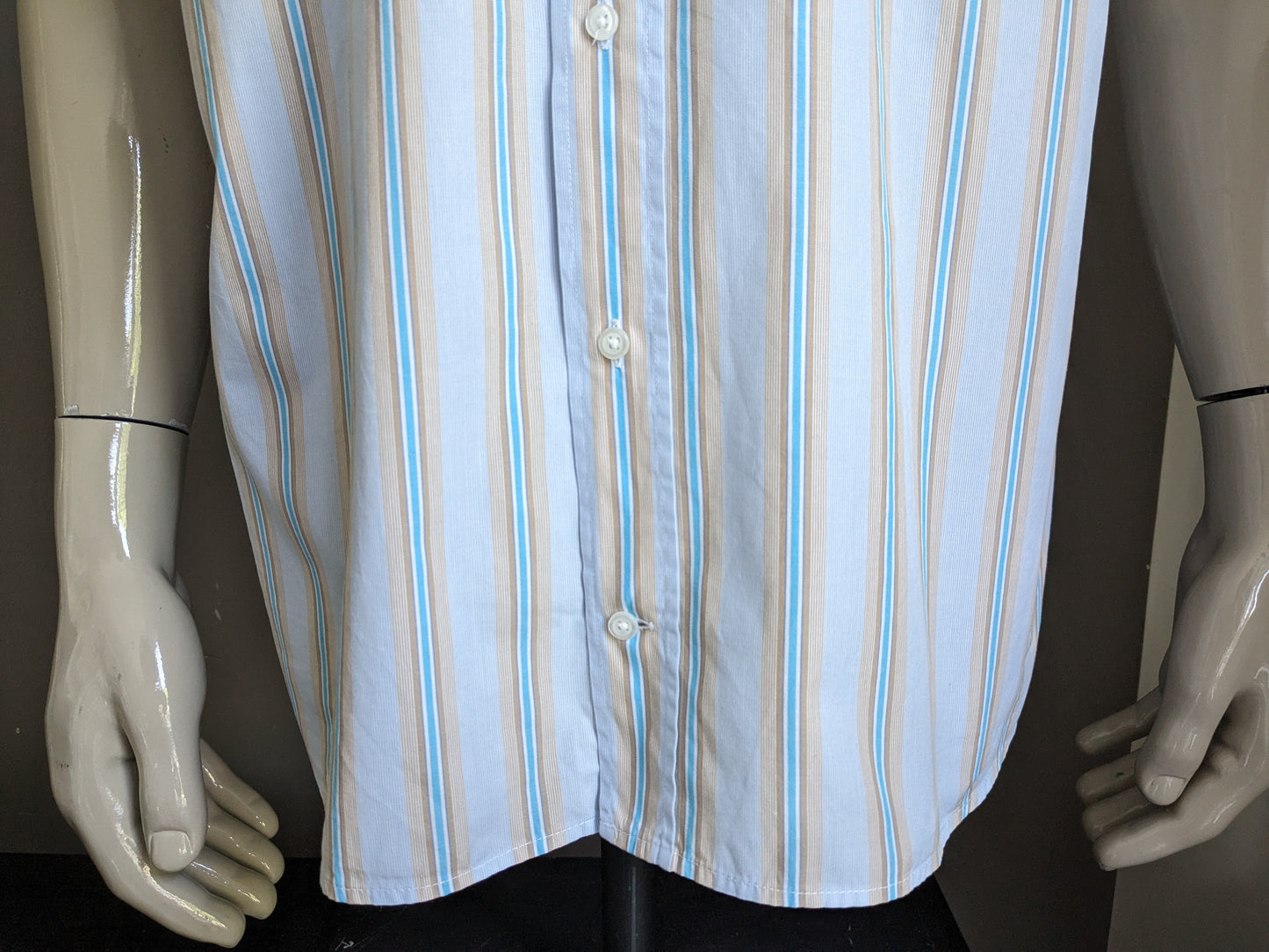 Adam Friday shirt short sleeve. Blue brown white striped. Size XL.