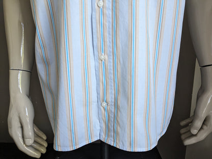 Adam Friday shirt short sleeve. Blue brown white striped. Size XL.