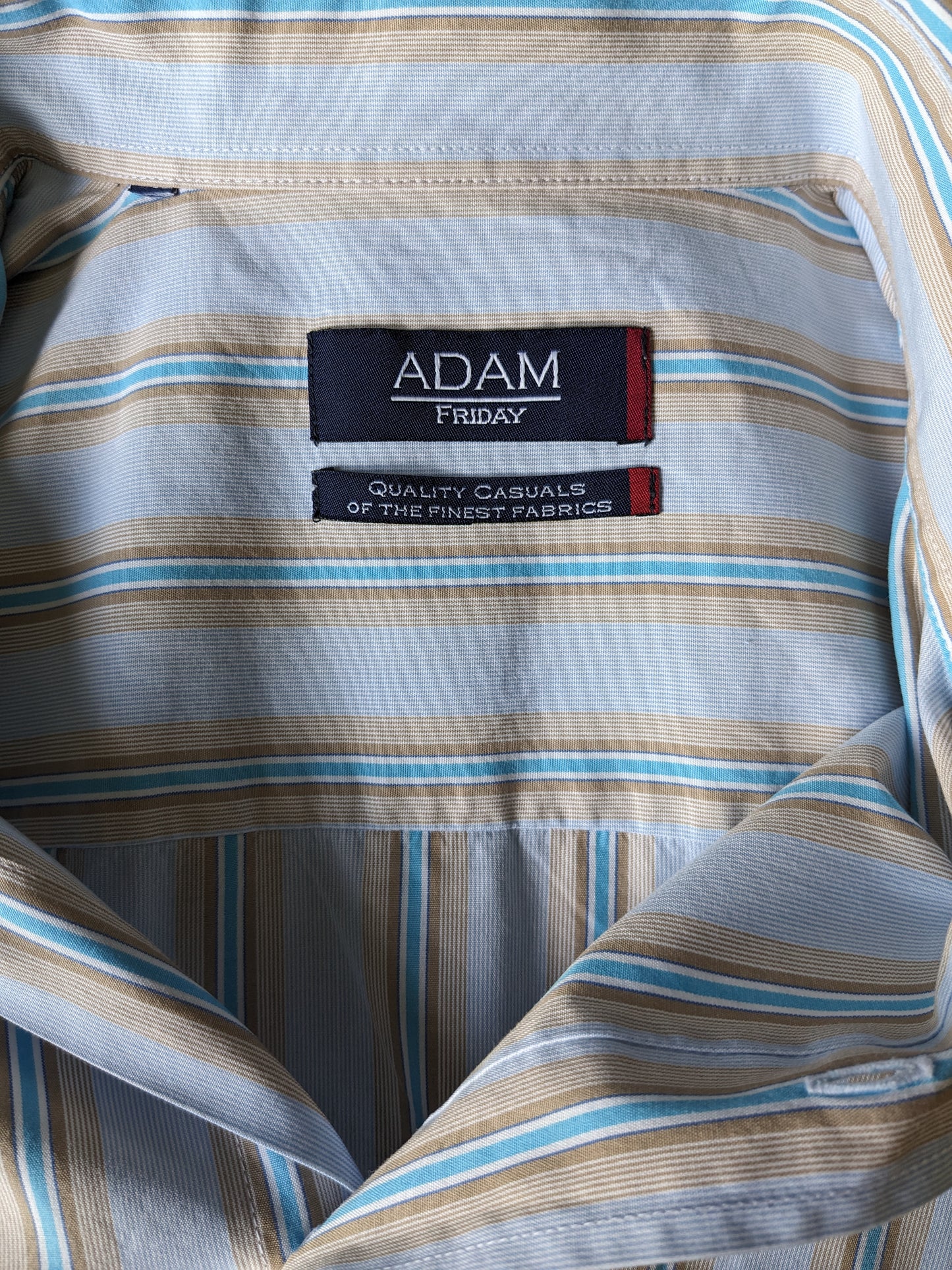 Adam Friday shirt short sleeve. Blue brown white striped. Size XL.