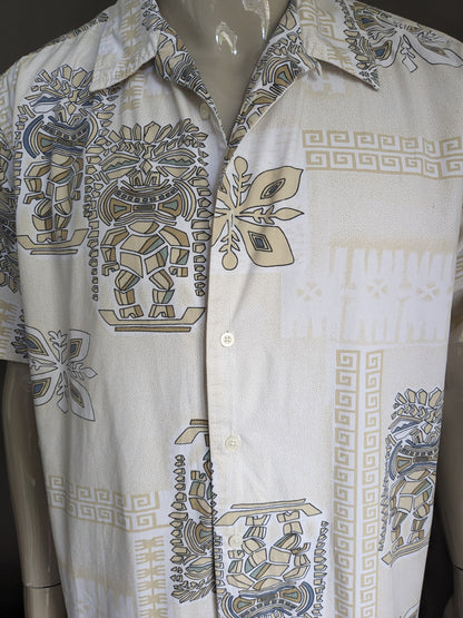 Vintage Easy overhemd korte mouw. Beige Groen Witte print. Maat L / XL.