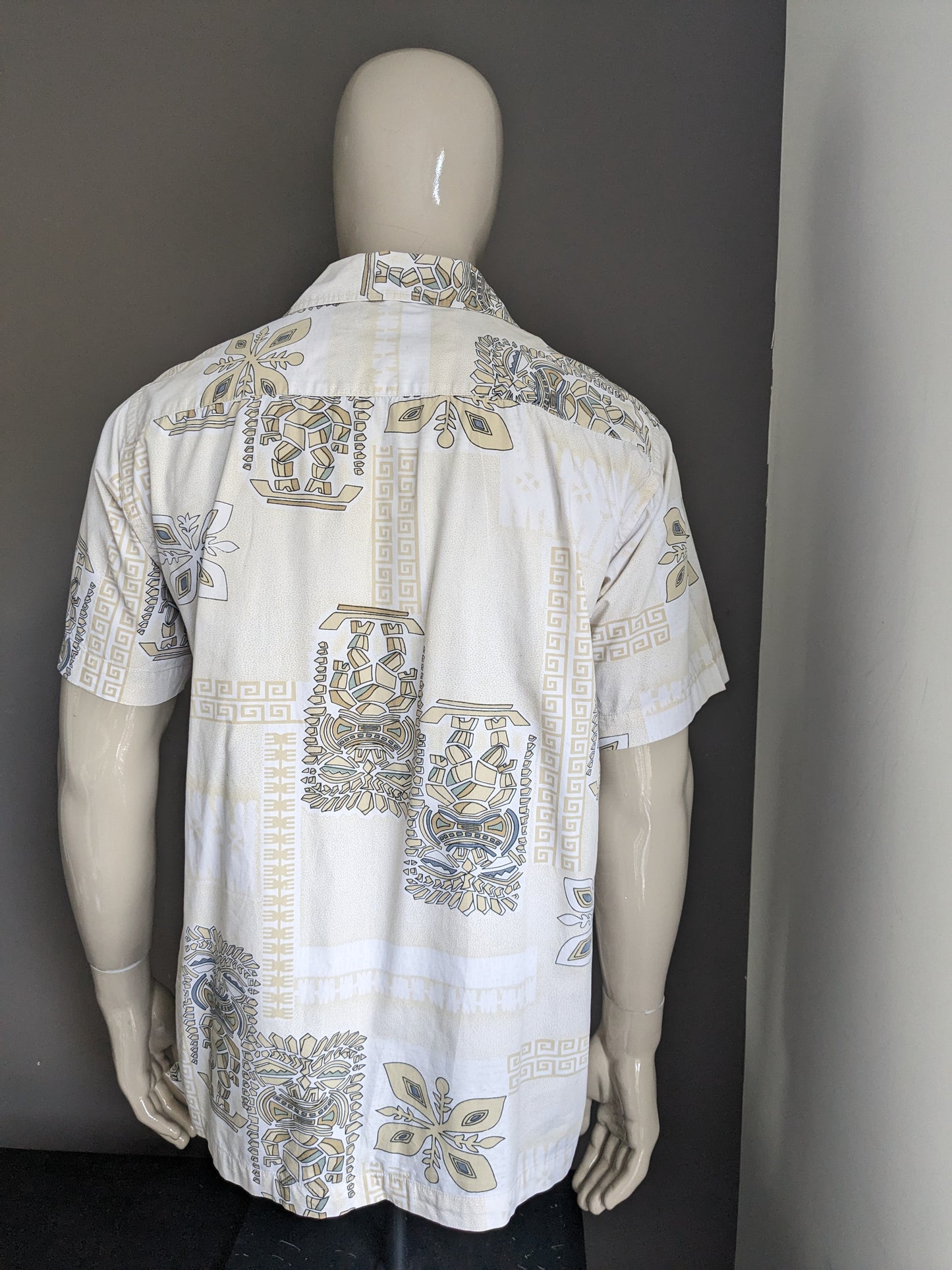 Vintage Easy overhemd korte mouw. Beige Groen Witte print. Maat L / XL.