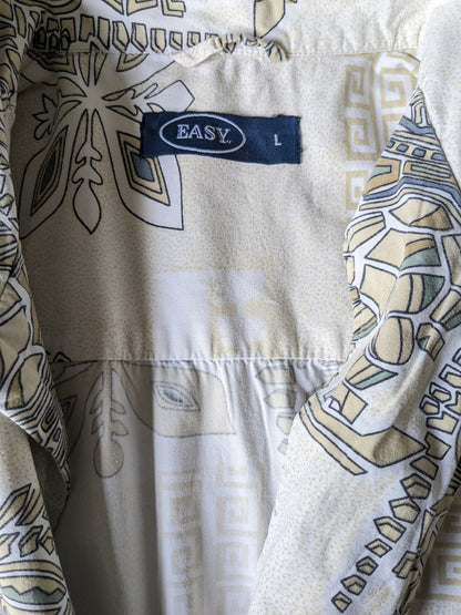 Vintage Easy overhemd korte mouw. Beige Groen Witte print. Maat L / XL.