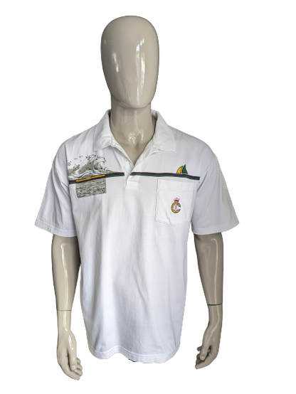 Polo sportivo Bosi vintage. "International Golfing Club". Bianco con stampa. Taglia XL.