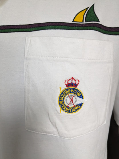 Polo sportivo Bosi vintage. "International Golfing Club". Bianco con stampa. Taglia XL.