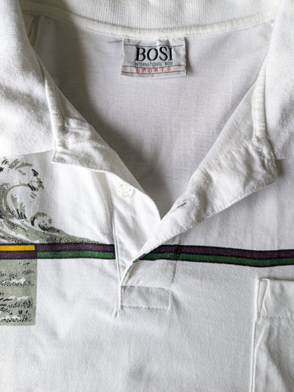 Polo sportivo Bosi vintage. "International Golfing Club". Bianco con stampa. Taglia XL.