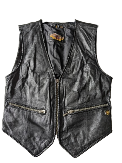 Harley Davidson Leather waistcoat. Black with beautiful braided edges and beautiful applications. Black. Size XXS.