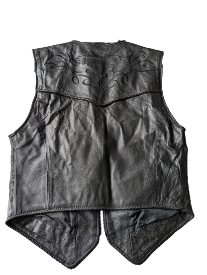 Harley Davidson Leather waistcoat. Black with beautiful braided edges and beautiful applications. Black. Size XXS.