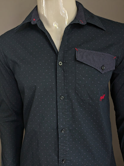 Camicia ripcurl. Stampa nera viola con ricamo rosso / cucitura. Taglia M.