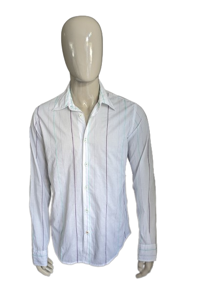 Camisa Mexx. Blanco con rayas bordadas de color verde púrpura. Talla L.