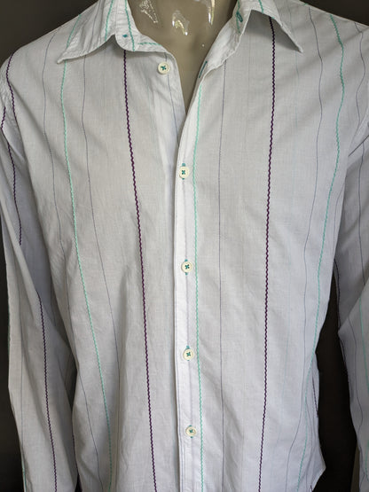 Mexx shirt. White with purple green embroidered stripes. Size L.