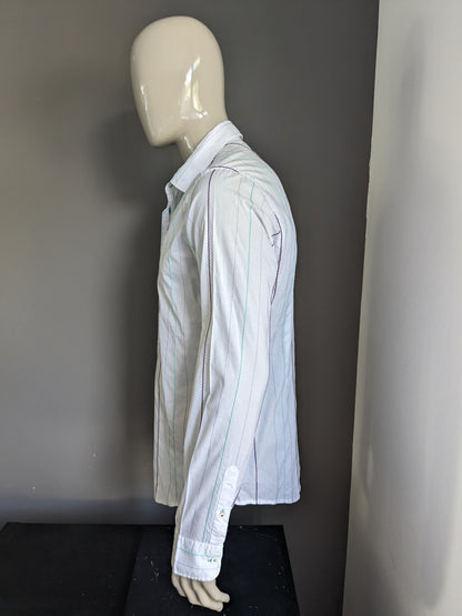 Camicia Mexx. Bianco con strisce ricamate verdi viola. Taglia L.