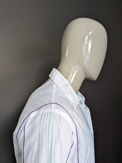 Camicia Mexx. Bianco con strisce ricamate verdi viola. Taglia L.