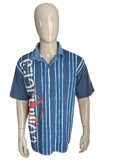 Vintage Complices polo. Blauw Beige Bruine print. Maat XL.