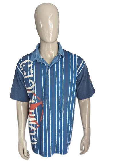 Vintage Complices polo. Blauw Beige Bruine print. Maat XL.