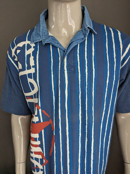 Vintage Complices polo. Blauw Beige Bruine print. Maat XL.