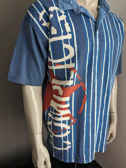 Vintage Complices polo. Blauw Beige Bruine print. Maat XL.