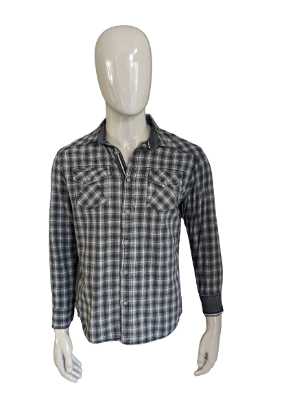 Camicia Tom Tompson. Pulsanti più grandi. Beige nero grigio controllato. Taglia M. Fit regolare.