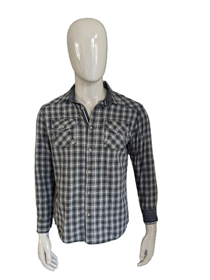 Tom Tompson Shirt. Boutons plus grands. Gris noir beige vérifié. Taille M. Fit régulier.