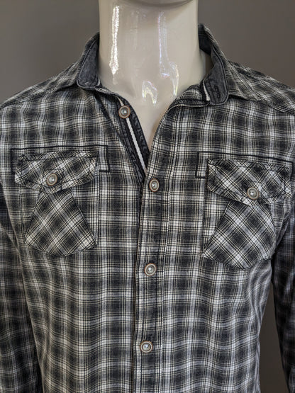 Camicia Tom Tompson. Pulsanti più grandi. Beige nero grigio controllato. Taglia M. Fit regolare.