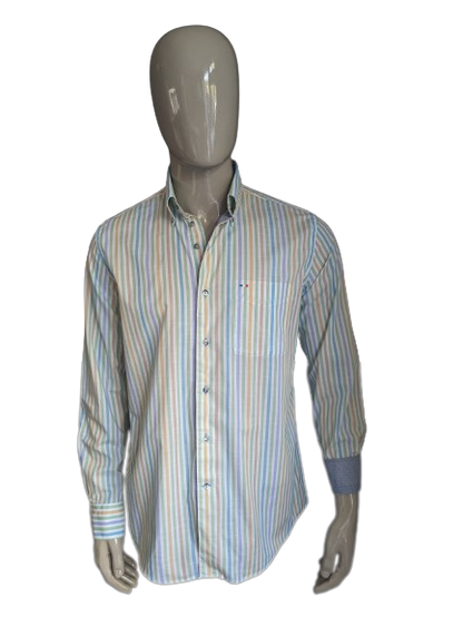 Camicia a portofino. Strisce giallo verde blu. Dimensione L. Fit regolare.