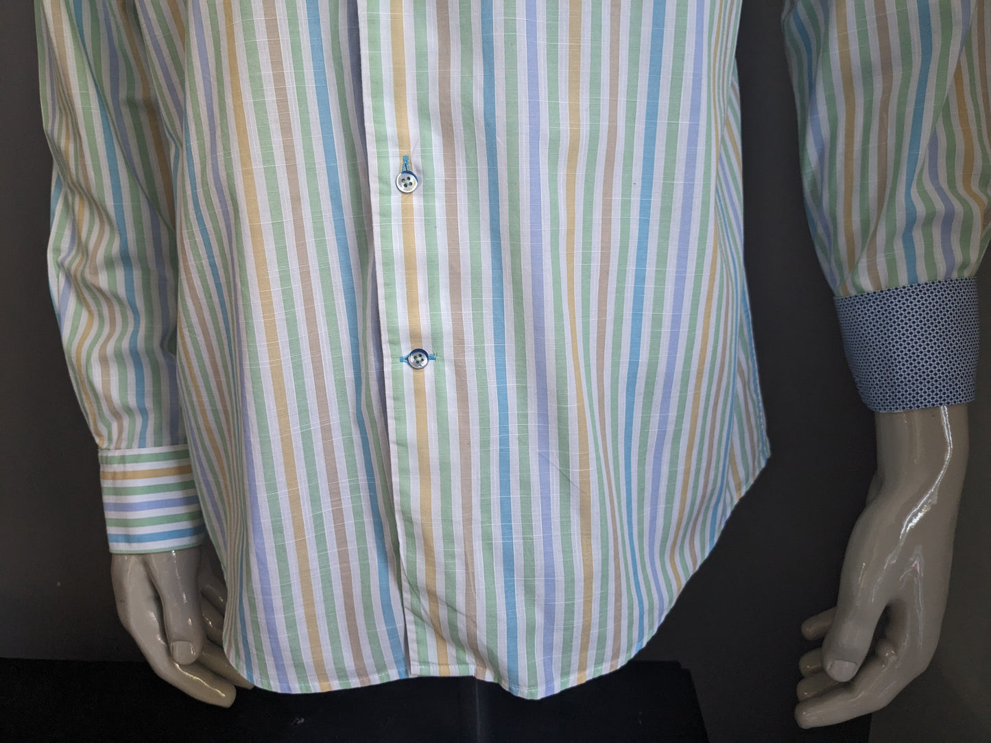 Portofino shirt. Blue green yellow striped. Size L. Regular Fit.