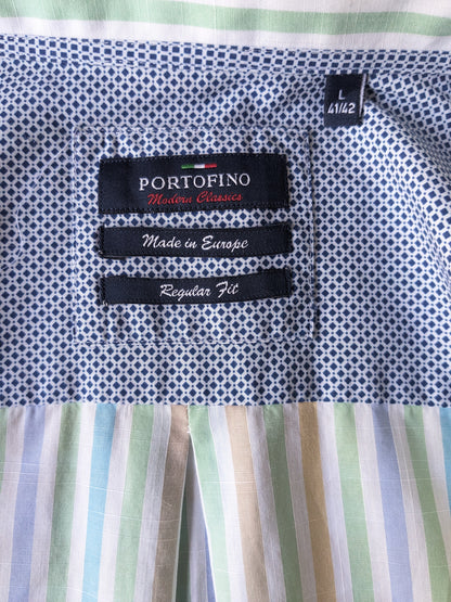 Portofino shirt. Blue green yellow striped. Size L. Regular Fit.